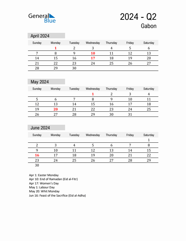 Gabon Quarter 2 2024 Calendar with Holidays