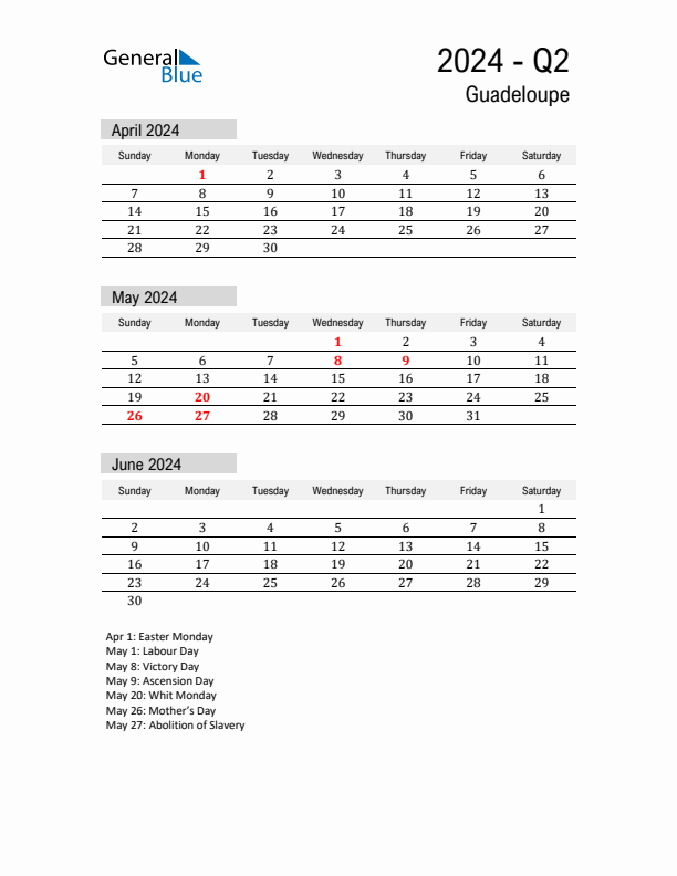 Guadeloupe Quarter 2 2024 Calendar with Holidays