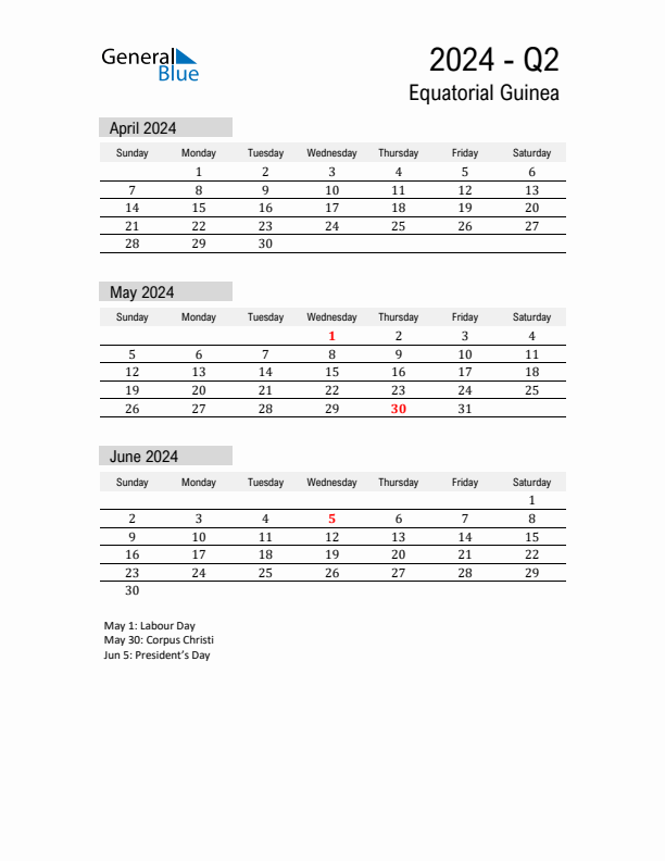 Equatorial Guinea Quarter 2 2024 Calendar with Holidays