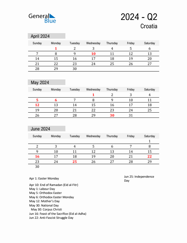 Croatia Quarter 2 2024 Calendar with Holidays