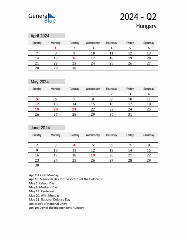 Hungary Quarter 2 2024 Calendar with Holidays