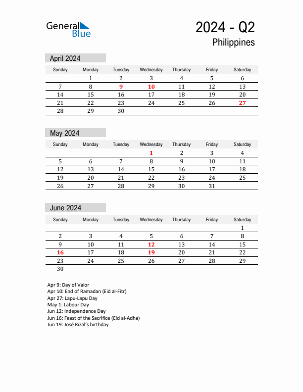 Philippines Quarter 2 2024 Calendar with Holidays