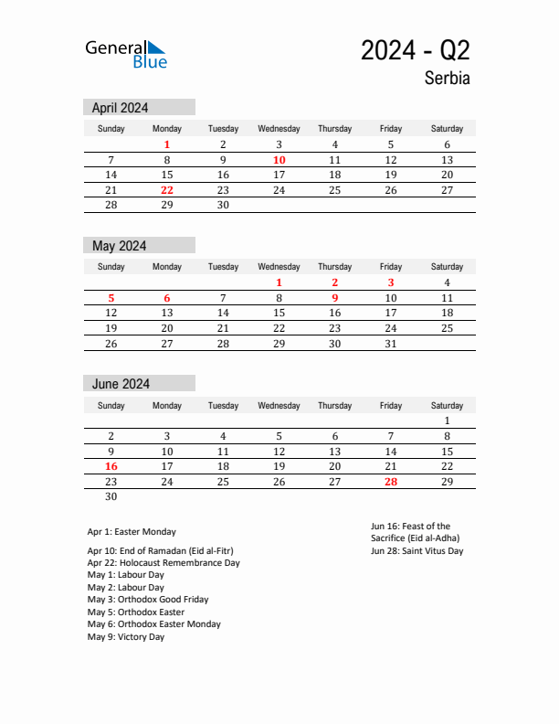 Serbia Quarter 2 2024 Calendar with Holidays