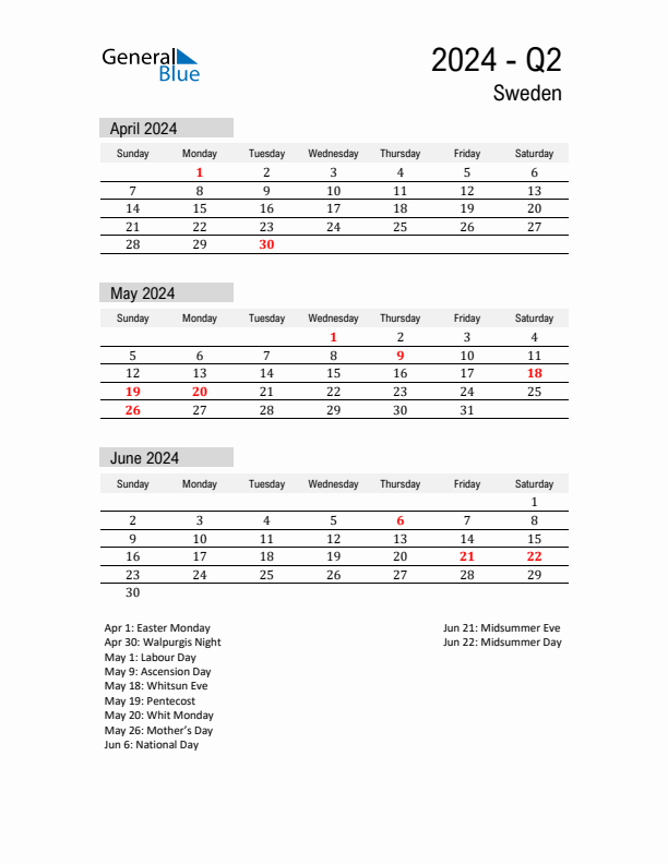 Sweden Quarter 2 2024 Calendar with Holidays