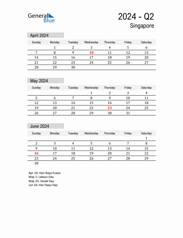 Singapore Quarter 2 2024 Calendar with Holidays