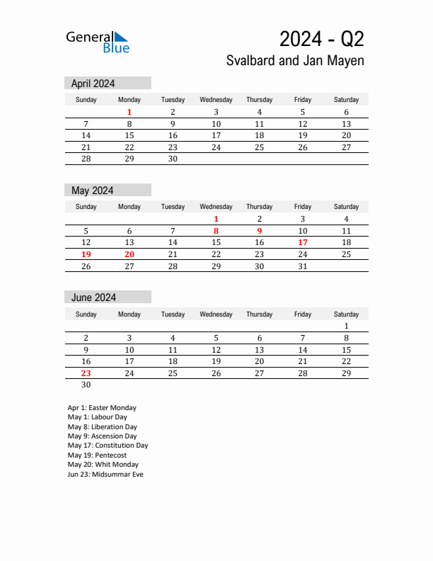 Svalbard and Jan Mayen Quarter 2 2024 Calendar with Holidays