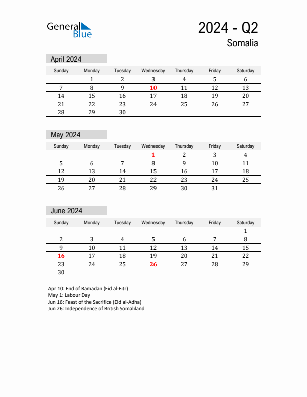 Somalia Quarter 2 2024 Calendar with Holidays