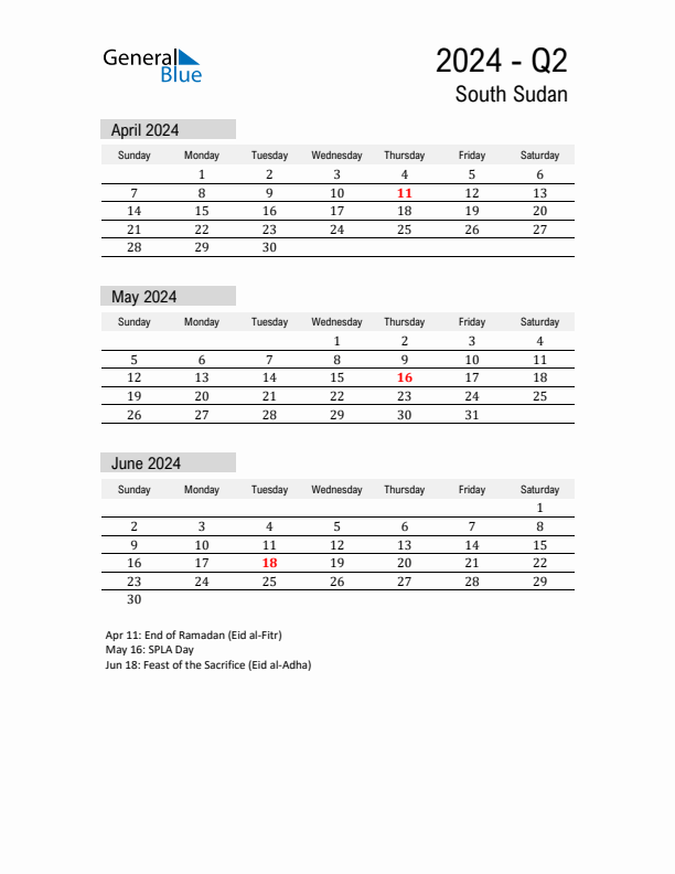 South Sudan Quarter 2 2024 Calendar with Holidays