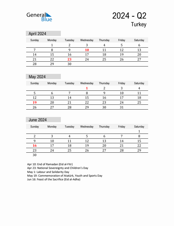 Turkey Quarter 2 2024 Calendar with Holidays