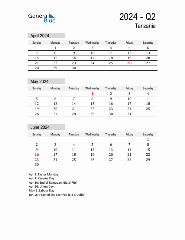 Tanzania Quarter 2 2024 Calendar with Holidays