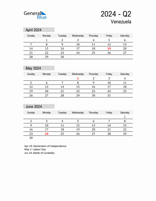 Venezuela Quarter 2 2024 Calendar with Holidays