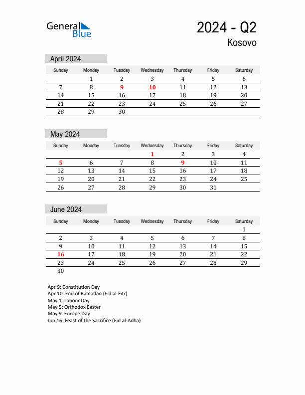 Kosovo Quarter 2 2024 Calendar with Holidays