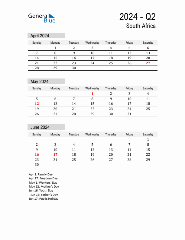 South Africa Quarter 2 2024 Calendar with Holidays