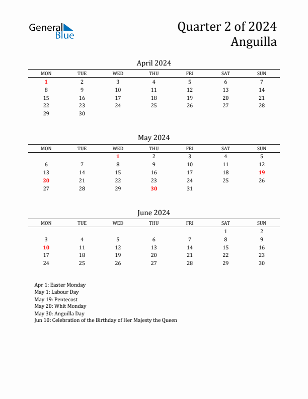 Quarter 2 2024 Anguilla Quarterly Calendar