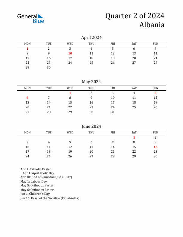 Quarter 2 2024 Albania Quarterly Calendar