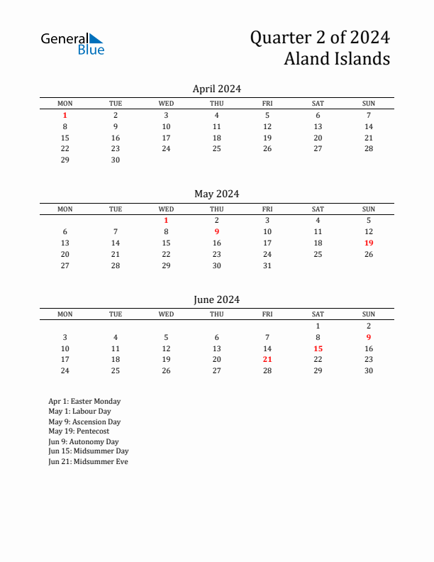 Quarter 2 2024 Aland Islands Quarterly Calendar