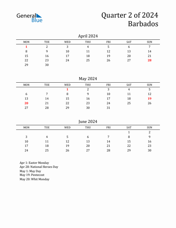 Quarter 2 2024 Barbados Quarterly Calendar