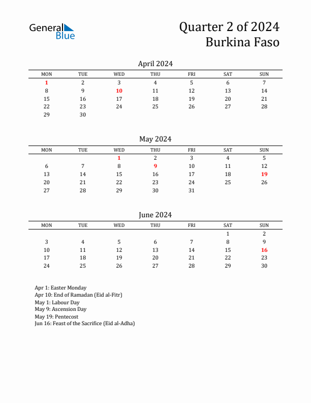 Quarter 2 2024 Burkina Faso Quarterly Calendar