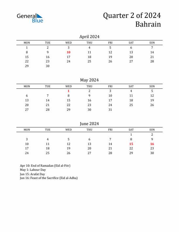 Quarter 2 2024 Bahrain Quarterly Calendar