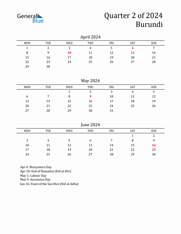 Quarter 2 2024 Burundi Quarterly Calendar