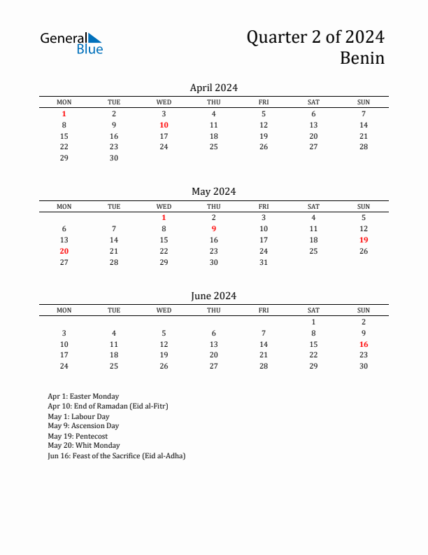 Quarter 2 2024 Benin Quarterly Calendar