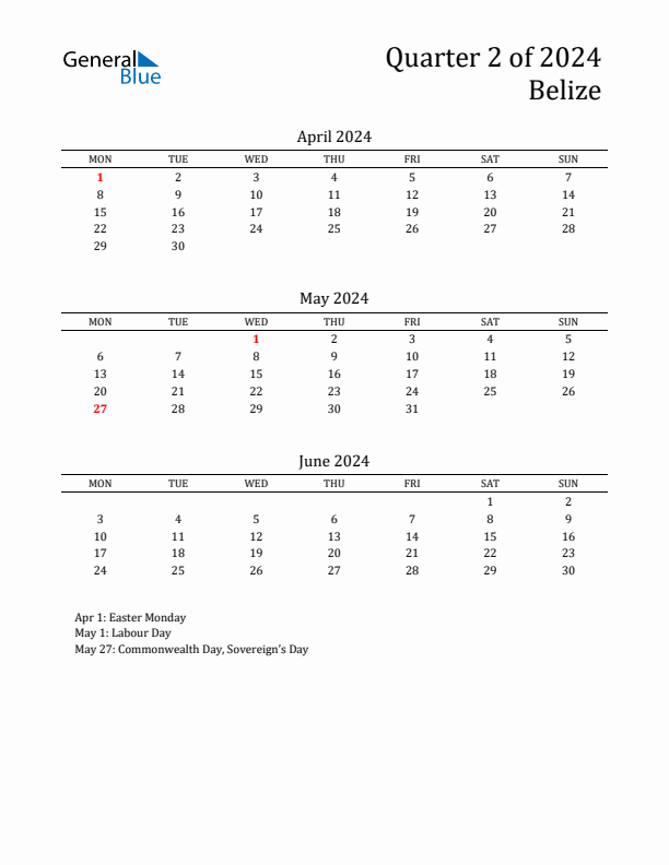 Quarter 2 2024 Belize Quarterly Calendar