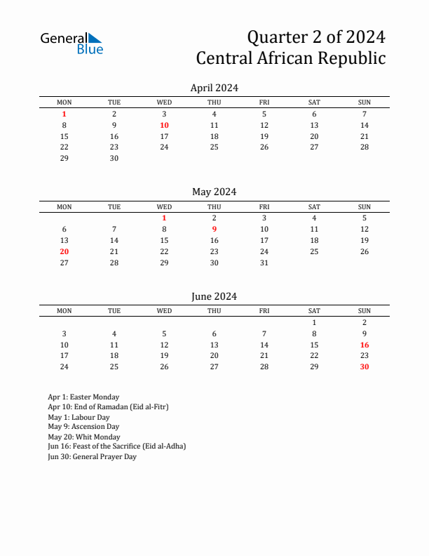 Quarter 2 2024 Central African Republic Quarterly Calendar