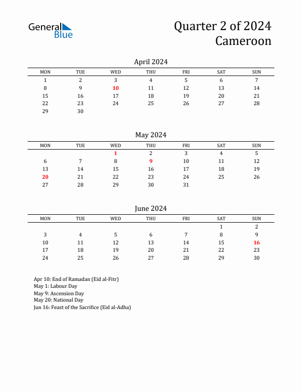 Quarter 2 2024 Cameroon Quarterly Calendar