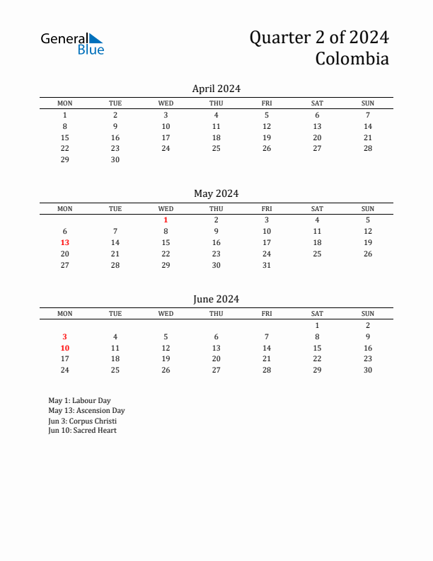 Quarter 2 2024 Colombia Quarterly Calendar