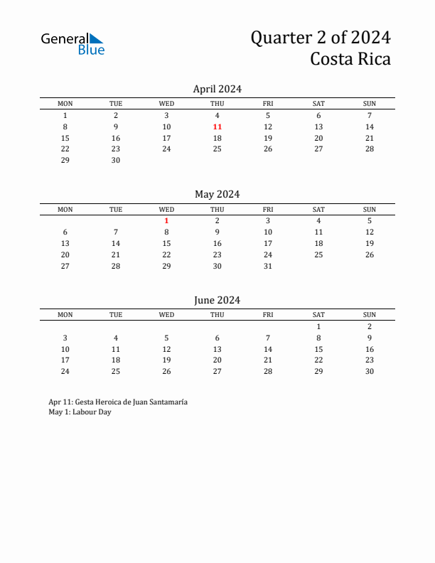 Quarter 2 2024 Costa Rica Quarterly Calendar