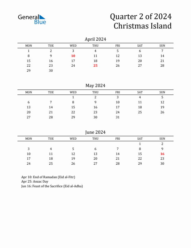 Quarter 2 2024 Christmas Island Quarterly Calendar