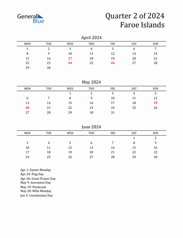 Quarter 2 2024 Faroe Islands Quarterly Calendar