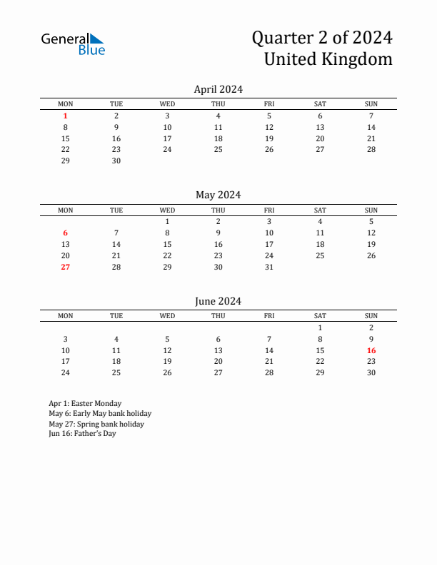 Quarter 2 2024 United Kingdom Quarterly Calendar