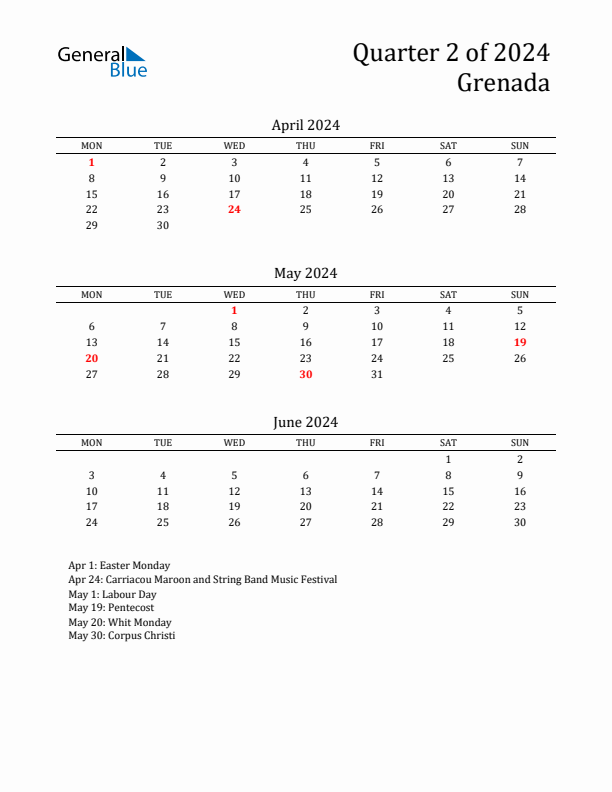 Quarter 2 2024 Grenada Quarterly Calendar