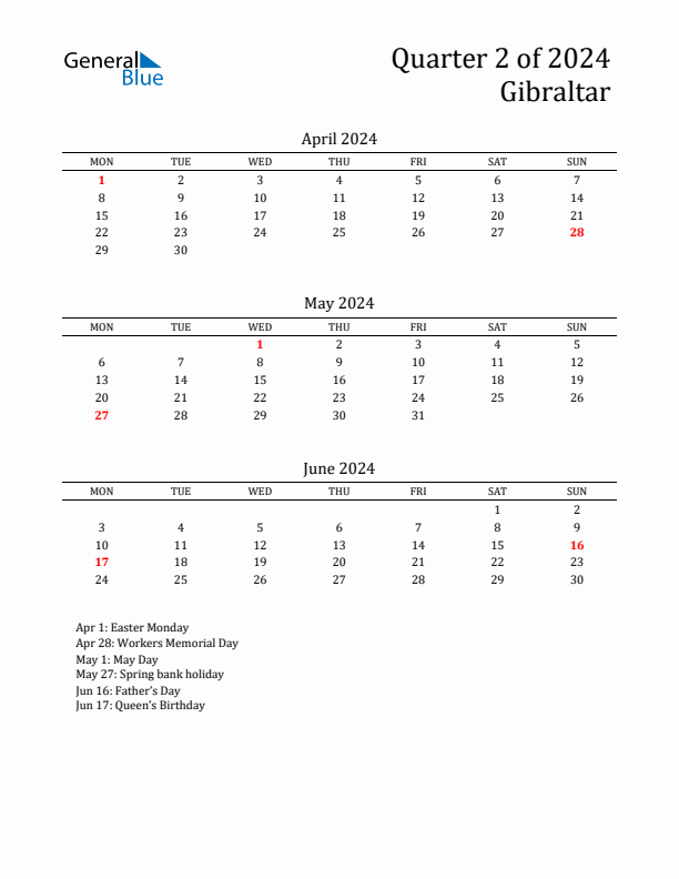 Quarter 2 2024 Gibraltar Quarterly Calendar