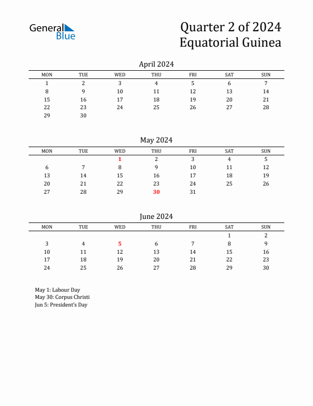 Quarter 2 2024 Equatorial Guinea Quarterly Calendar