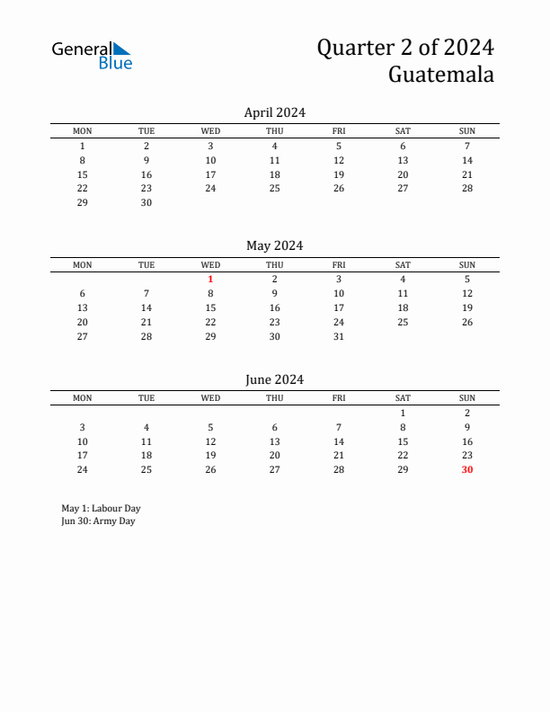 Quarter 2 2024 Guatemala Quarterly Calendar