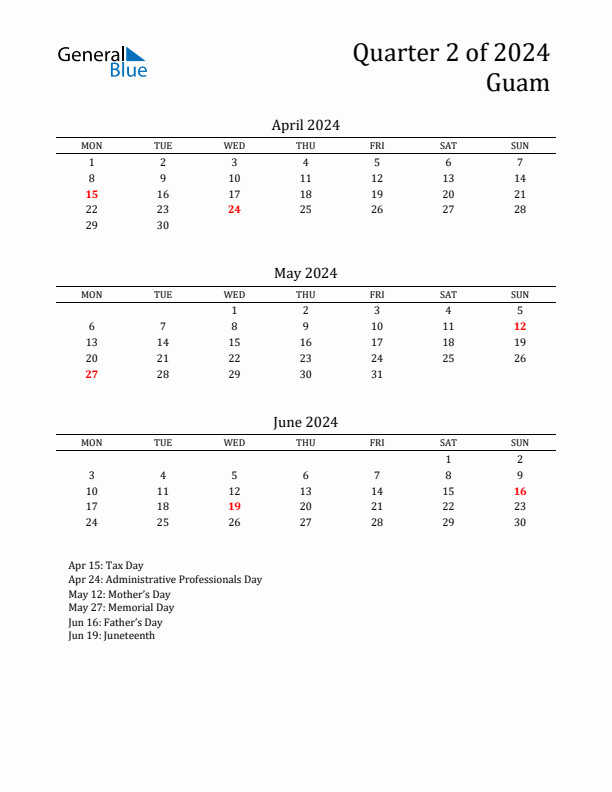 Quarter 2 2024 Guam Quarterly Calendar