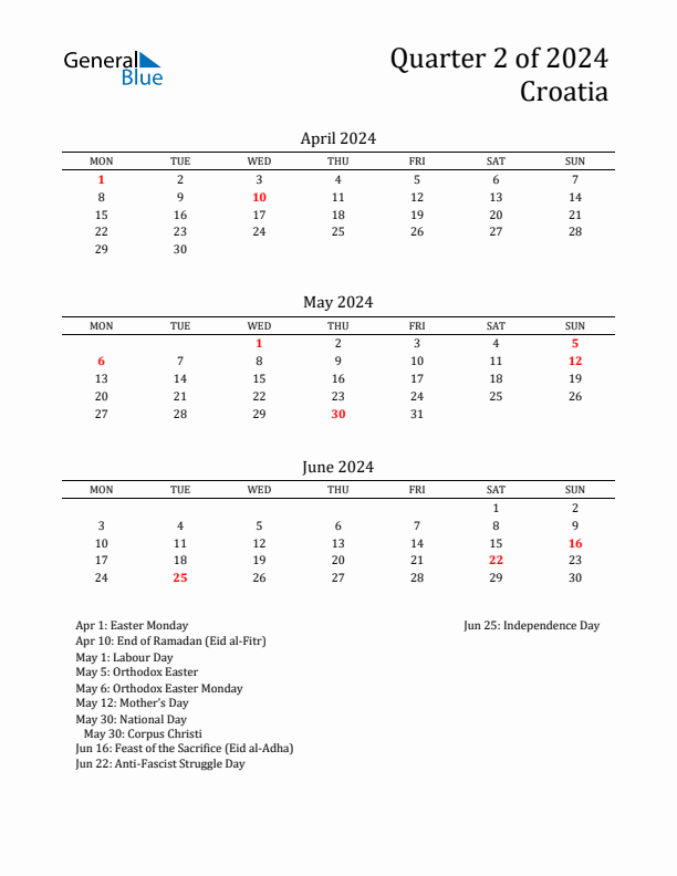 Quarter 2 2024 Croatia Quarterly Calendar