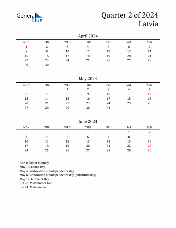 Quarter 2 2024 Latvia Quarterly Calendar