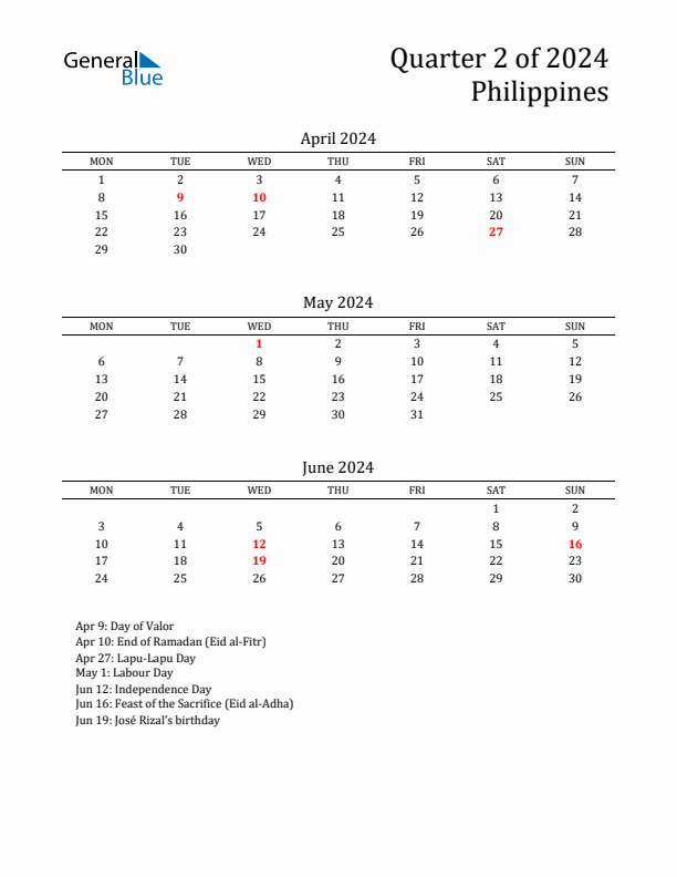 Quarter 2 2024 Philippines Quarterly Calendar