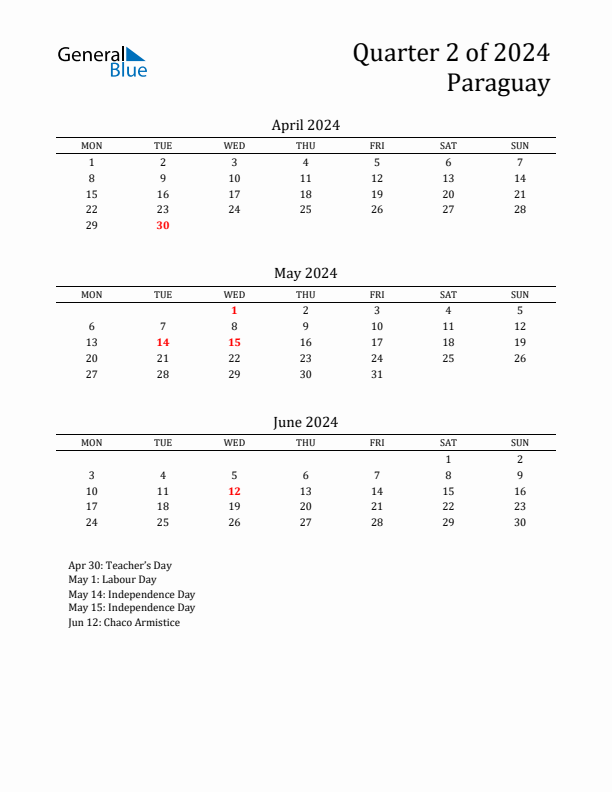 Quarter 2 2024 Paraguay Quarterly Calendar