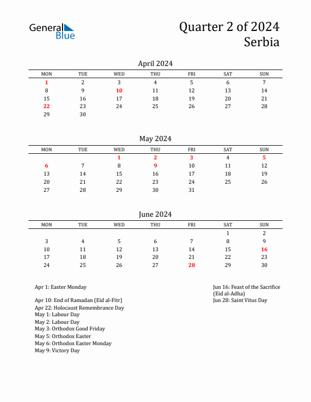 Quarter 2 2024 Serbia Quarterly Calendar