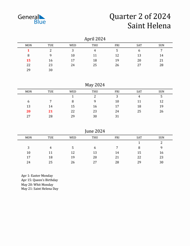 Quarter 2 2024 Saint Helena Quarterly Calendar