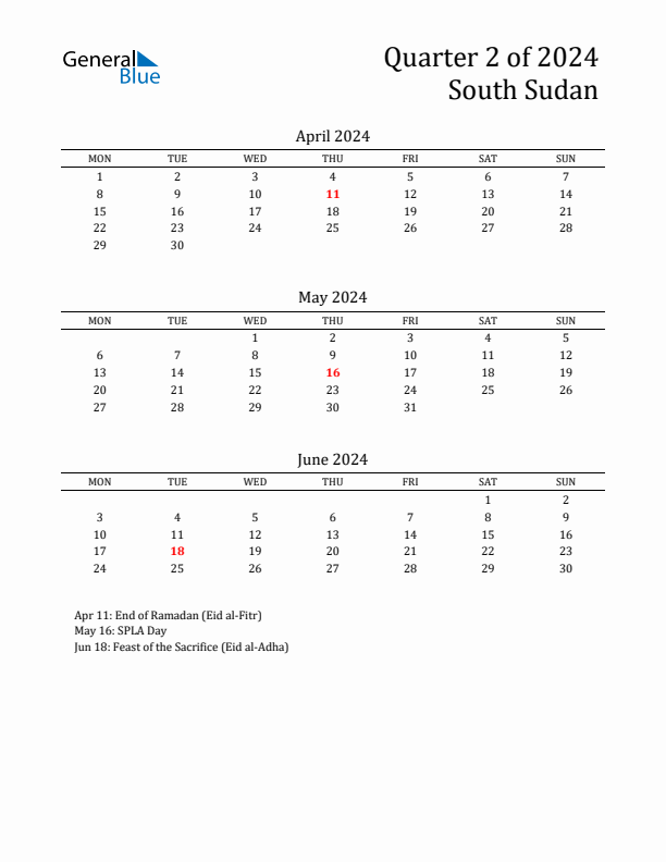 Quarter 2 2024 South Sudan Quarterly Calendar