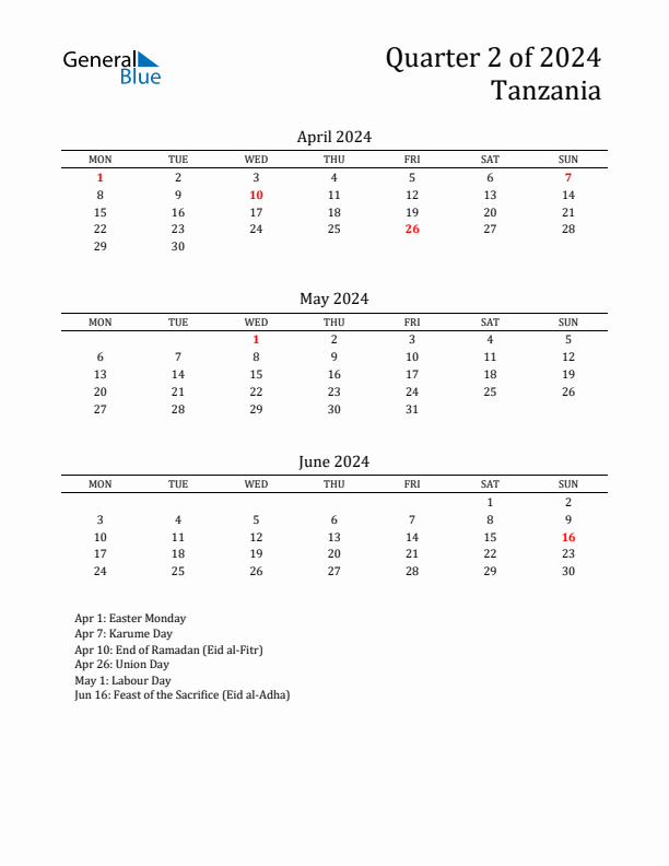 Quarter 2 2024 Tanzania Quarterly Calendar