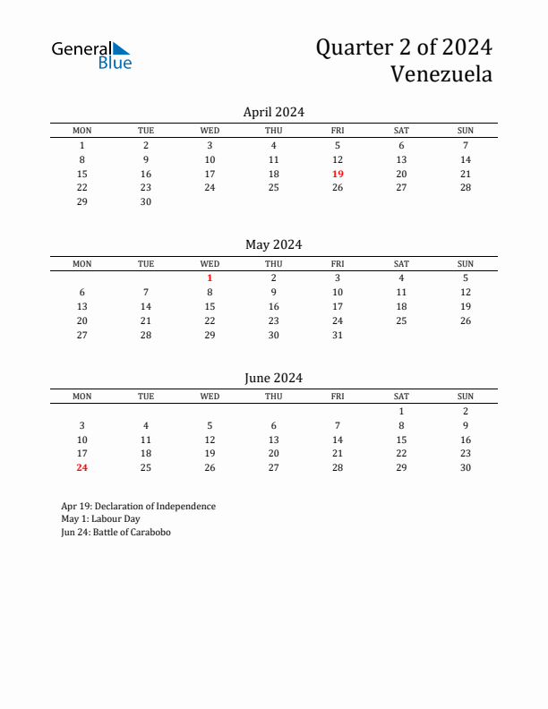 Quarter 2 2024 Venezuela Quarterly Calendar