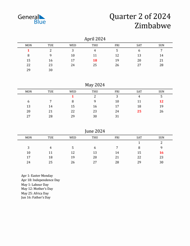 Quarter 2 2024 Zimbabwe Quarterly Calendar