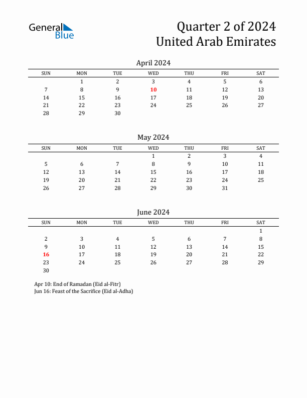 Quarter 2 2024 United Arab Emirates Quarterly Calendar