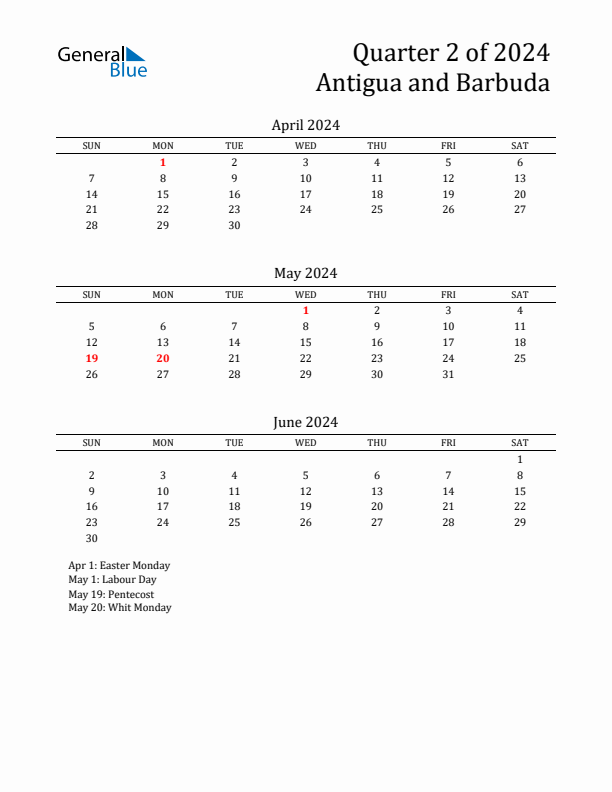 Quarter 2 2024 Antigua and Barbuda Quarterly Calendar